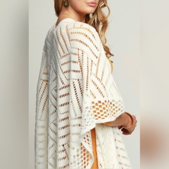 Ivory Long Crochet Ruana with Fringe - Picture 3 of 5